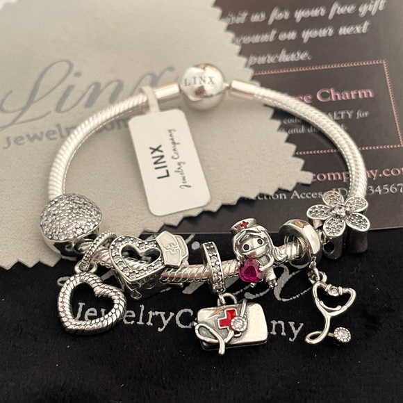 Linx Snake Chain Bracelet with Nurse Themed Charms 925 sterling silver - Picture 2 of 6